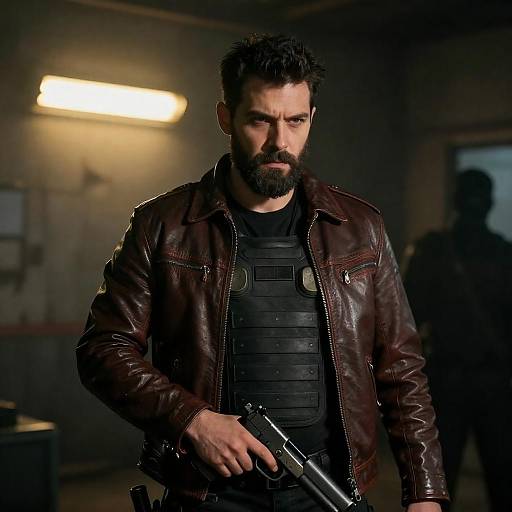 Man in Leather Jacket Holding Gun