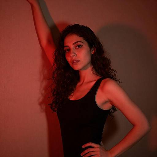 Dramatic Red-Lit Woman Against Patterned Wall