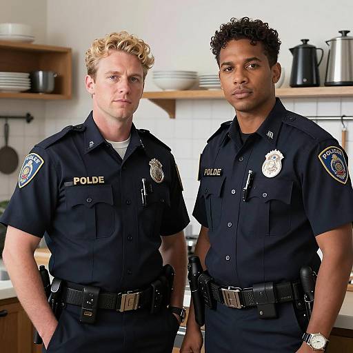 Two Male Officers in a Kitchen Scene