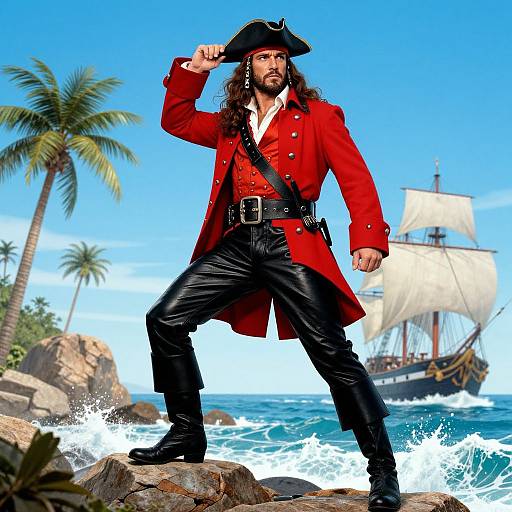 Photograph of a muscular pirate with long hair, red coat, black pants, and tricorn hat, standing on rocks by a crashing wave, with