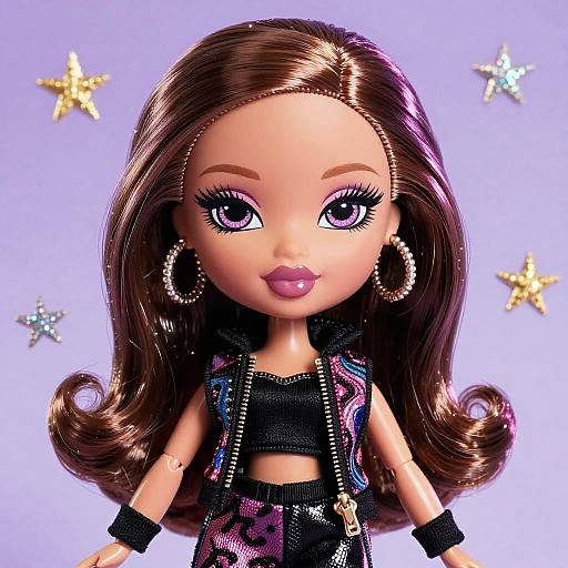 Photograph of a stylized fashion doll with long brown hair, purple eyes, pink lipstick, hoop earrings, black vest, and starry lavender background
