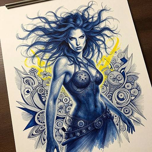 Ink illustration of a muscular, blue-haired woman with wild hair, intricate tribal patterns, and yellow accents, wearing a detailed top and belt.