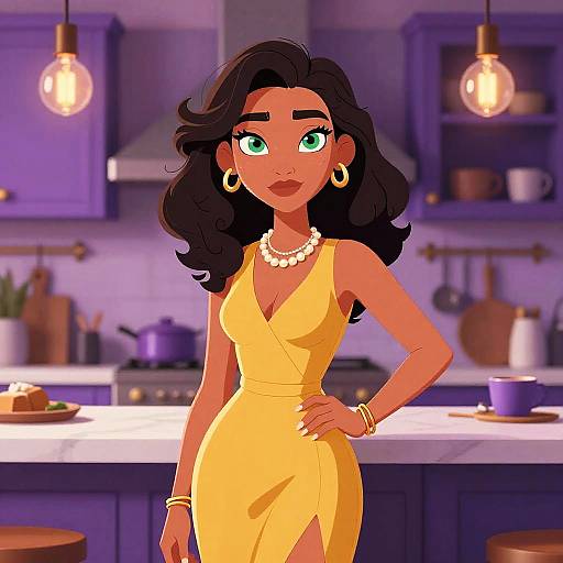 Digital illustration of a dark-skinned woman with green eyes, wearing a yellow dress, pearl necklace, and gold earrings, standing in a purple kitchen with