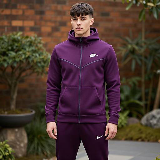 Photograph of a young man with short black hair, wearing a dark purple Nike hoodie and pants, standing in front of a brick wall with greenery