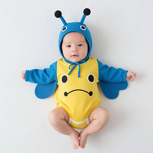 Photograph of a baby wearing a blue and yellow cartoon frog onesie with antennae and a sad face, lying on a white background.