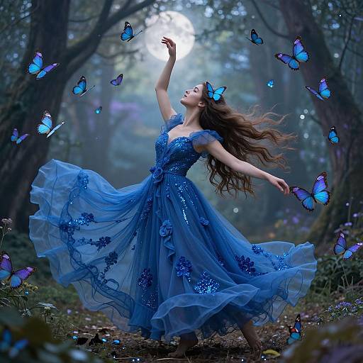 Magical forest scene: Woman in flowing blue sequined dress dances, arm raised, surrounded by glowing blue butterflies, moonlight filtering through trees.