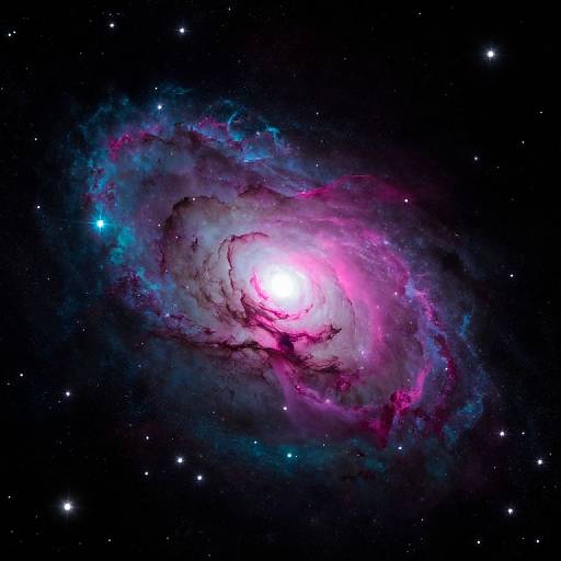 Photograph of a vibrant, pink and blue spiral galaxy with a bright white core, surrounded by dark space and scattered stars.