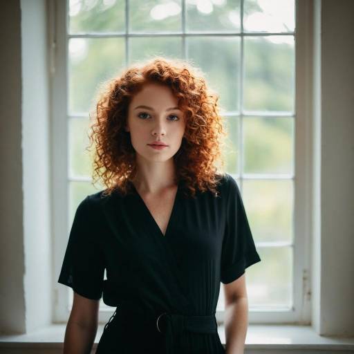 Young Woman with Curly Red Hair Near Window