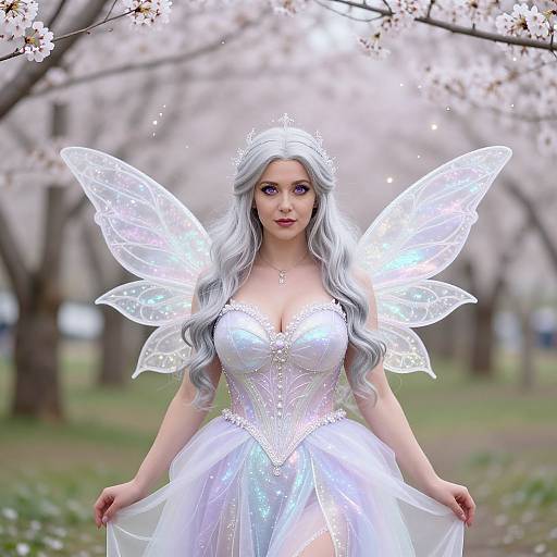 Photograph of a fair-skinned woman with long silver hair, wearing a white fairy dress and translucent wings, standing in a cherry blossom tree-lined park