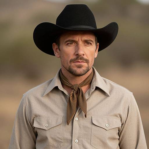 Photograph of a rugged, bearded man in a black cowboy hat, beige shirt, and brown neckerchief, standing outdoors with a blurred,