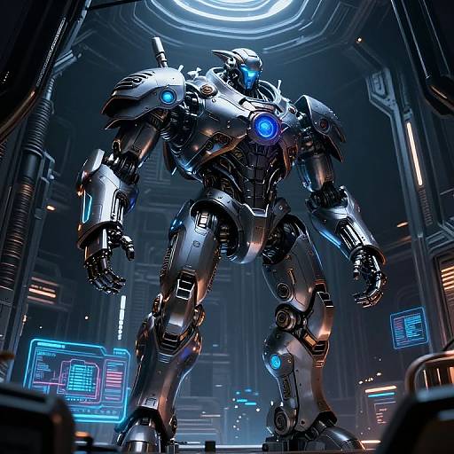 Digital CGI of a towering, silver metallic humanoid robot with blue glowing eyes and joints, standing in a futuristic, dimly lit control room with holographic