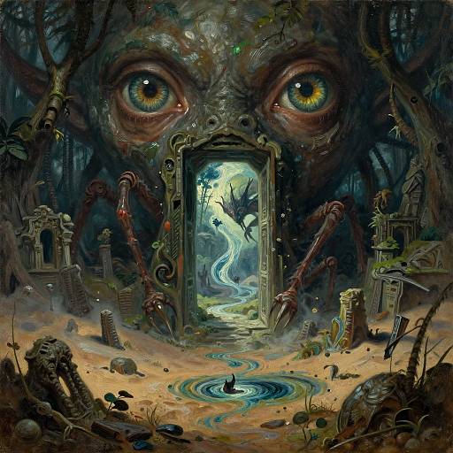Dreamlike digital painting of a giant, monstrous creature with glowing eyes, framed portal, eerie forest, skeletal ruins, winding blue river.