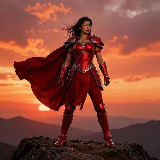 Photograph of a fierce, dark-haired woman in red, armored superhero outfit with flowing cape, standing on rocky mountain peak at sunset, orange and pink