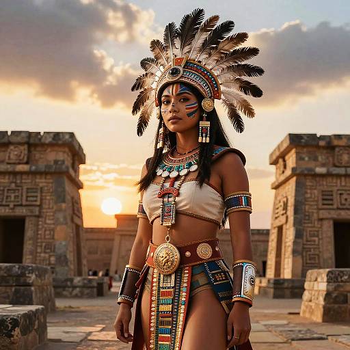 Photograph of a dark-skinned woman in traditional Mayan headdress and armor, standing in ancient ruins at sunset, adorned with colorful beads and feathers