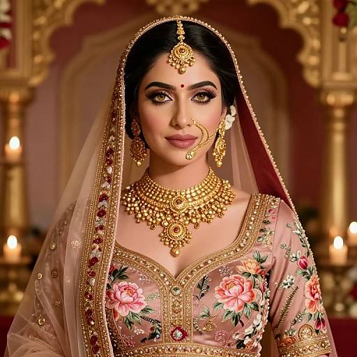 Photograph of a beautiful South Asian bride in traditional attire, adorned with gold jewelry, floral embroidery, and a sheer veil, against a golden, candle