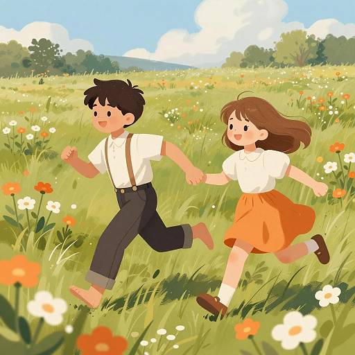 Joyful Children Running Through a Flower Field