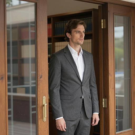 Focused Man in Gray Suit by Doorway