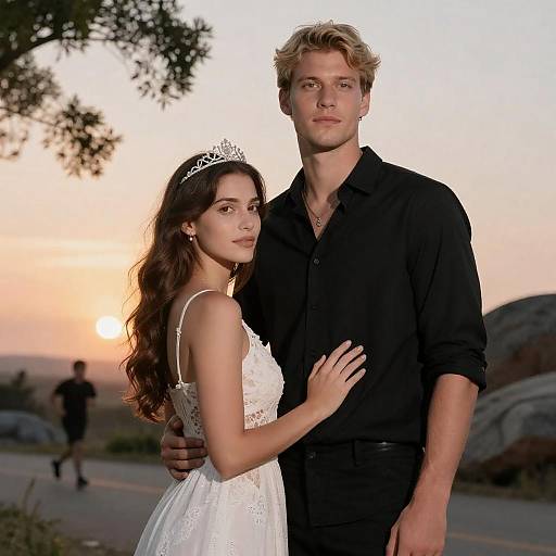 Couple at Sunset with Woman Wearing Tiara