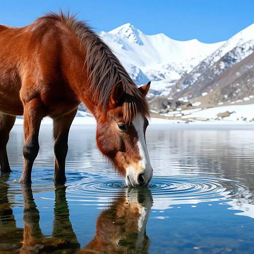 Photograph of a brown horse with a white face drinking from a reflective lake, surrounded by snow-capped mountains under a clear blue sky. Ripples