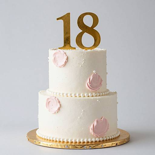 Photograph of a two-tiered white cake with pink flower-shaped buttercream decorations, topped with a gold 
