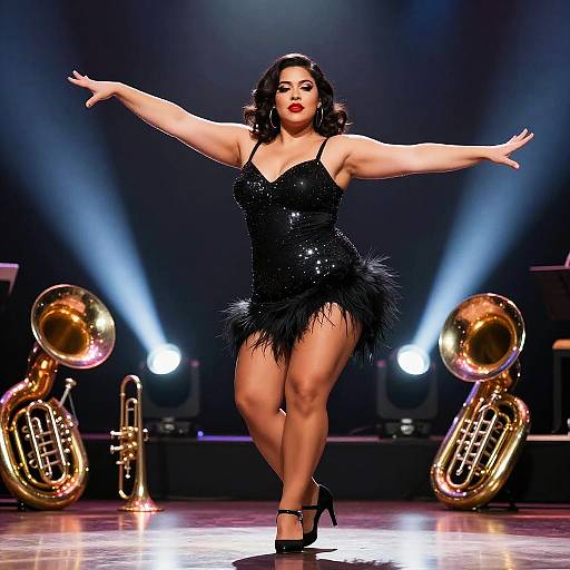Photograph of a curvy, dark-haired woman in a black sequined, feathered dress, striking a dance pose on stage with brass instruments and