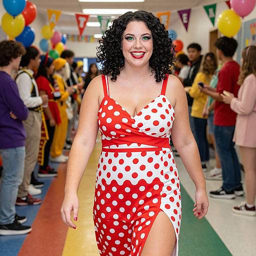 Photograph of a smiling, curvy woman with curly black hair in a red and white polka dot dress, walking in a brightly decorated, balloon