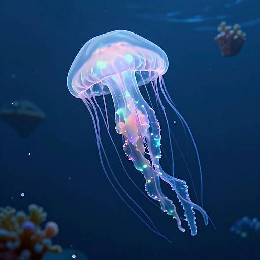 Photograph of a glowing, translucent jellyfish with long, flowing tentacles illuminated in blue, purple, and green hues, floating in a dark,
