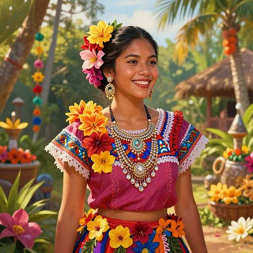 Smiling young woman with dark skin, wearing vibrant red and blue embroidered top, adorned with large floral jewelry and bright yellow-orange flowers in her hair,