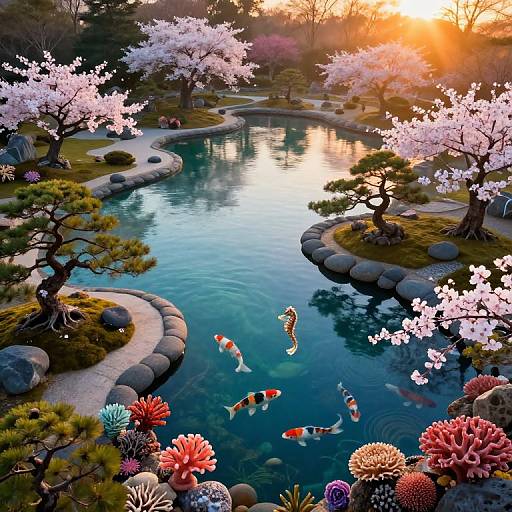 Photograph of a serene Japanese garden at sunset with a curved pond, pink cherry blossoms, colorful fish, and vibrant coral-like plants.