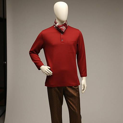 Photograph of a faceless mannequin wearing a red long-sleeve polo shirt with a pocket, dark brown pants, and a red pattern