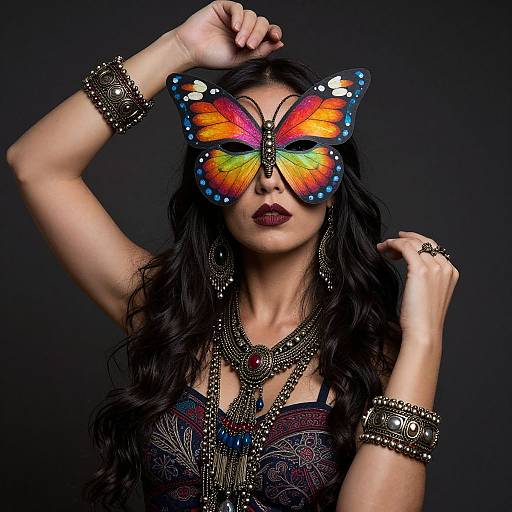 Photograph of a woman with long black hair, wearing a vibrant butterfly mask, dark lipstick, intricate silver jewelry, and a patterned top, against