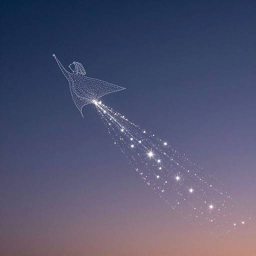 Digital artwork of a star-shaped, glowing angel with a trail of sparkling stars flying across a twilight sky gradient from purple to pink.