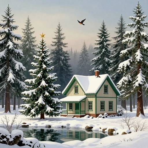 Illustration of a snow-covered, green-cottage with a gabled roof, surrounded by snow-laden evergreen trees, a calm reflective pond,