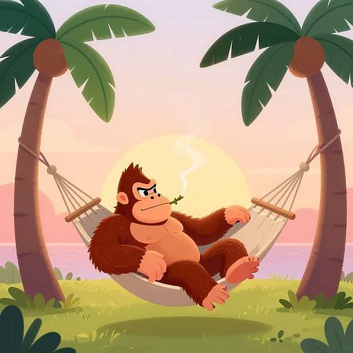 Cartoon gorilla with brown fur and muscular build, relaxing in a hammock between two palm trees at sunset, holding a leaf. Digital illustration in