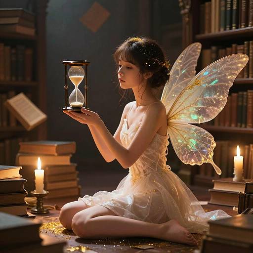 Delicate Hourglass Fairy in Ancient Library