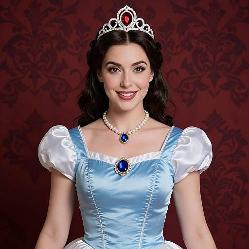 Photograph of a fair-skinned woman with dark hair, wearing a silver tiara, light blue satin dress with white puffed sleeves, blue gem