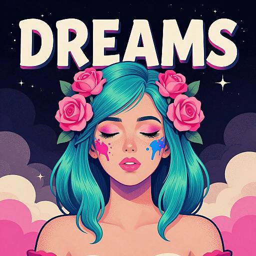Digital art: Dreamy portrait of a teal-haired woman with pink roses in her hair, closed eyes, pink and blue face paint, 