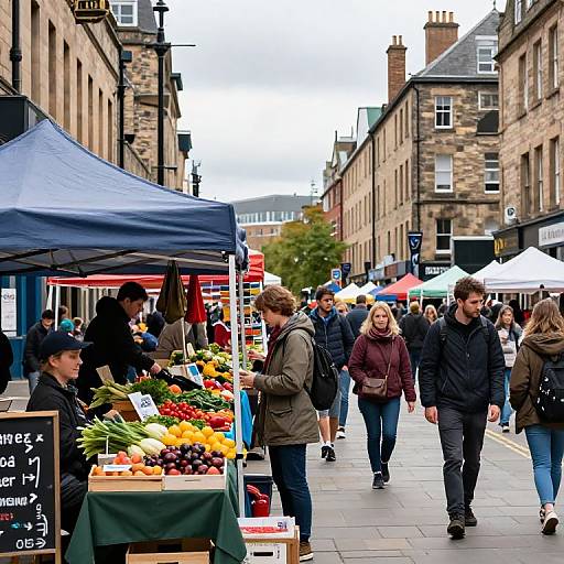 Photograph of a bustling outdoor market street with vendors' blue and red tents, colorful fruits, people in winter coats, and historic stone buildings lining the