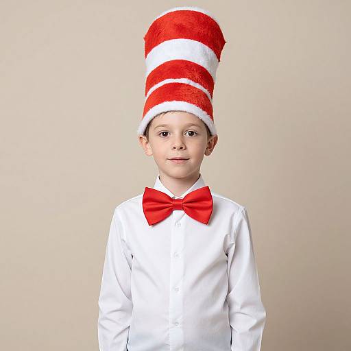 Photograph of a young boy with light skin, wearing a white shirt, red bowtie, and tall red-and-white striped hat, standing against a