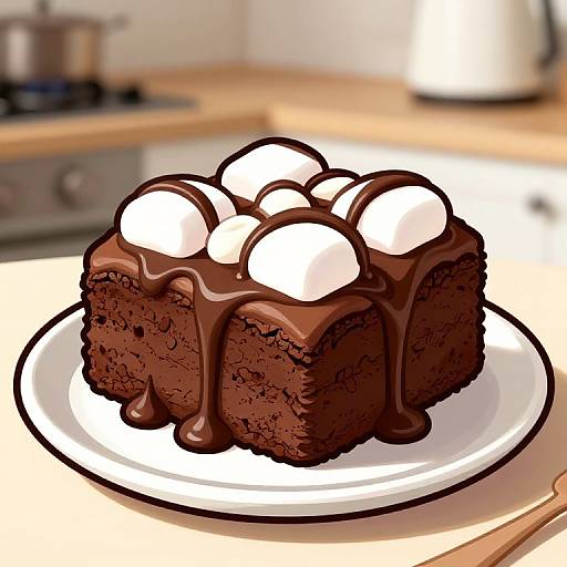 Digital illustration of a rich, chocolate cake with six white marshmallows on top, drizzled with chocolate syrup, on a white plate in a