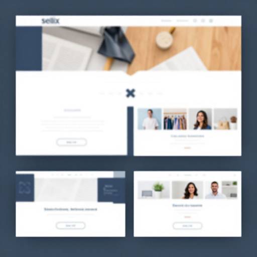 Photograph of a modern website layout with a blue background, featuring white sections, blurred images of people, and a wooden floor in the top right corner