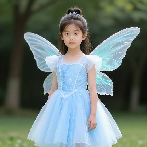 Photograph of an Asian girl with long black hair in a bun, wearing a white fairy dress and translucent blue wings, standing in a green, wooded