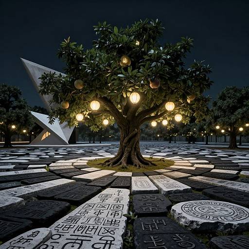 Photorealistic CGI: glowing orange tree with lanterns on checkerboard stone pavement, illuminated by night, under star-shaped structure in dark sky.