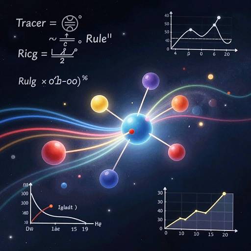 Digital illustration of a molecular model with colorful spheres connected by lines, accompanied by scientific graphs and equations on a dark space-like background.