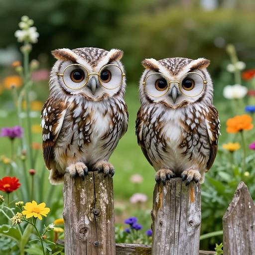 Photograph of two realistic, colorful barn owls with large round eyes, perched on weathered wooden posts in a vibrant, flower-filled garden.