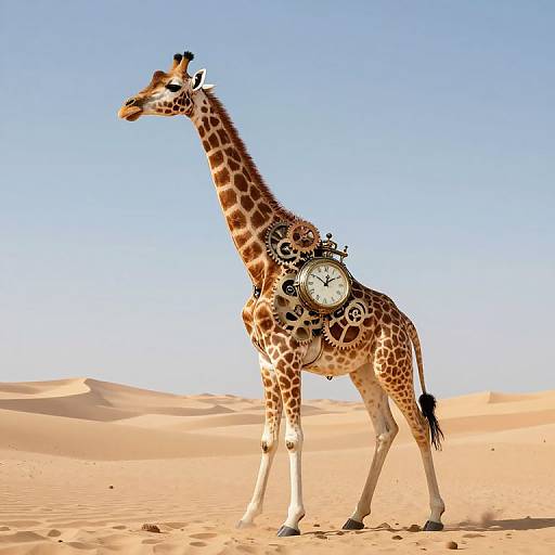 Photograph of a giraffe with a large, intricate clock strapped to its back, standing in a bright, sandy desert under a clear blue sky.