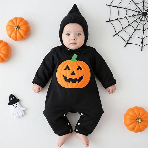 Photograph of baby in black Halloween costume with pumpkin face, black hood, and orange pumpkins, white background, spider web, and mini witch hat