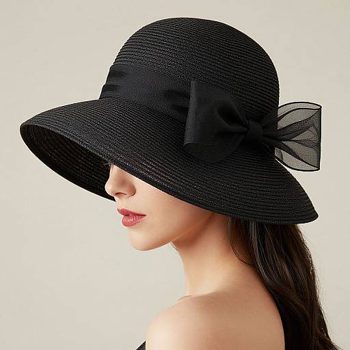 Photograph of a fair-skinned woman with long dark hair, wearing a black wide-brimmed hat with a black ribbon and sheer bow, against