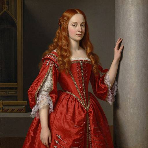Photograph-like painting of a fair-skinned, red-haired woman in a red Renaissance-style dress with white lace, standing by a pillar.