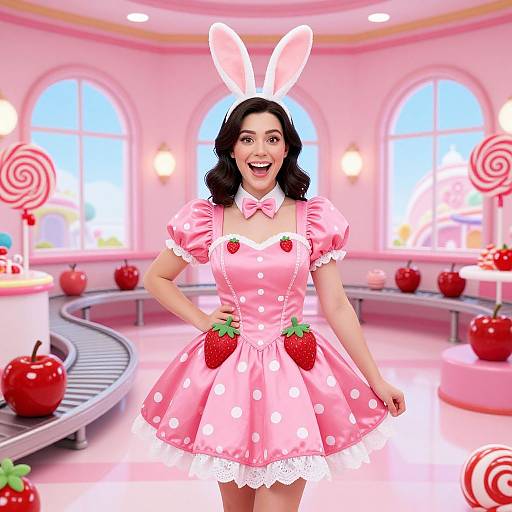Digital art: smiling woman with black hair in pink bunny costume, white polka dots, strawberry accents, bunny ears, in candy-themed room.